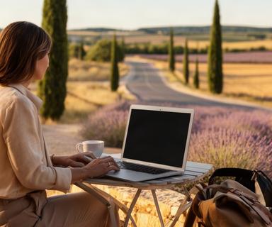 Viajera trabajando con un portátil junto a una carretera de la Provenza
