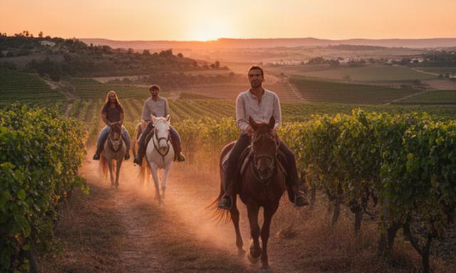 Paseo a caballo entre viñedos al atardecer en el norte de España