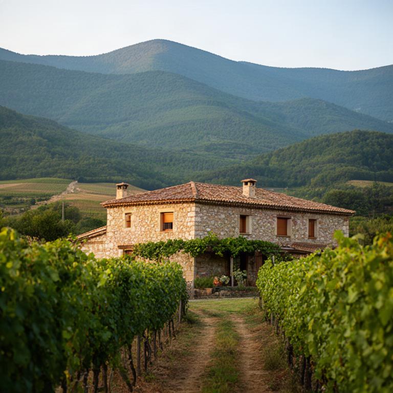 Casa rural de piedra en Navarra rodeada de viñedos y montañas verdes