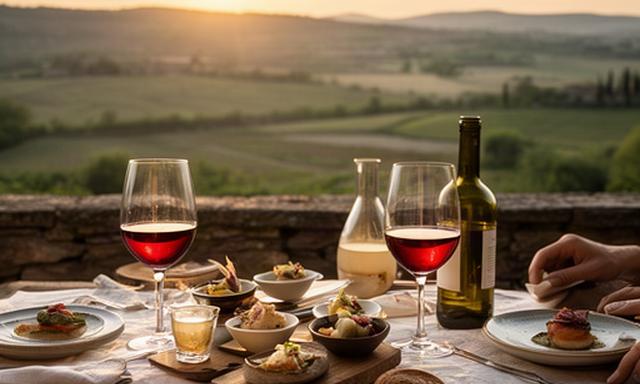 Cata de vino al atardecer en una terraza rural con vistas al campo