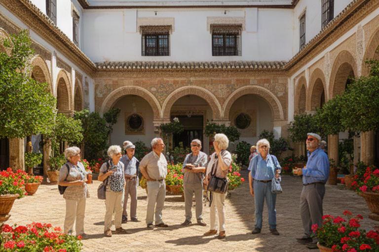 Viajeros sénior visitando una plaza histórica de Córdoba durante una ruta por Andalucía