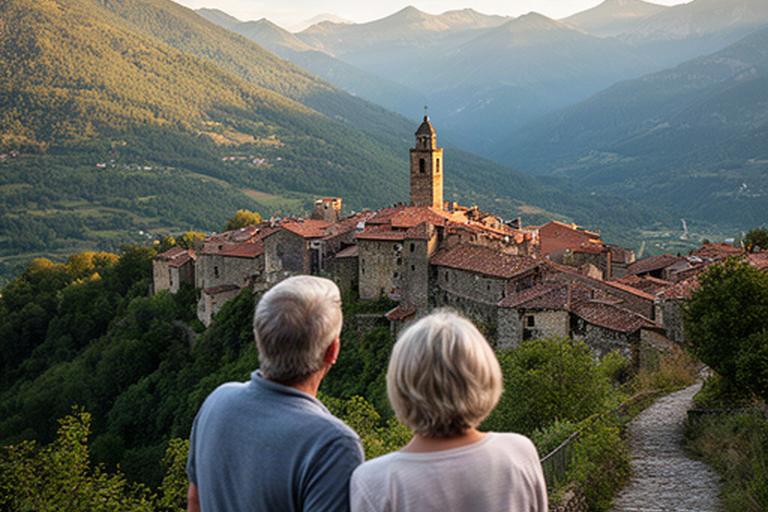 Pareja sénior contemplando un pueblo medieval entre montañas del País Vasco y los Pirineos