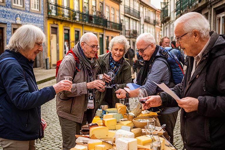 Grupo sénior degustando productos portugueses en una calle tradicional de Oporto