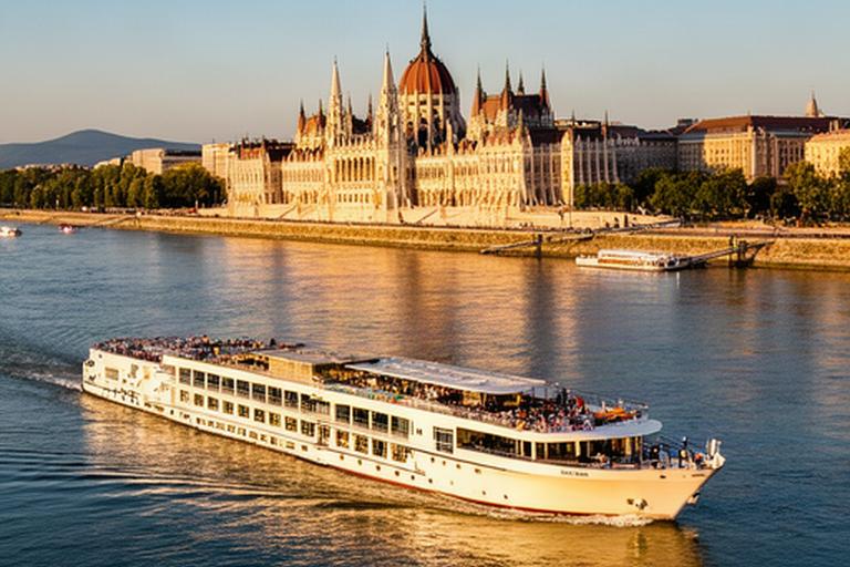 Barco de crucero fluvial navegando por el Danubio frente a Budapest
