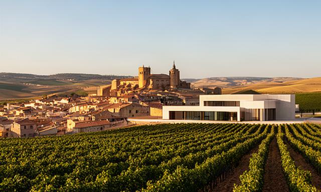 Viñedos de Ribera del Duero junto a un pueblo medieval y una bodega moderna