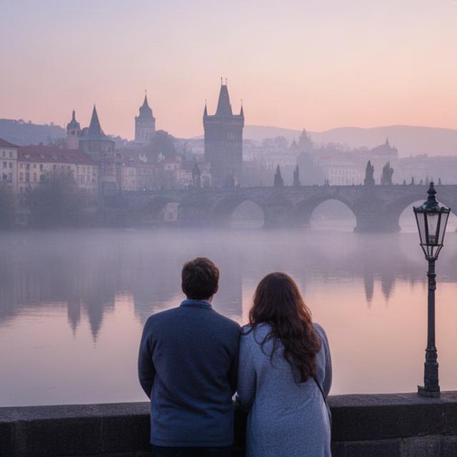 Puente de Carlos en Praga visto por una pareja al amanecer