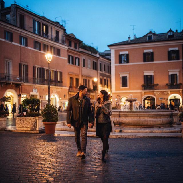 Pareja caminando por una plaza histórica iluminada en Roma