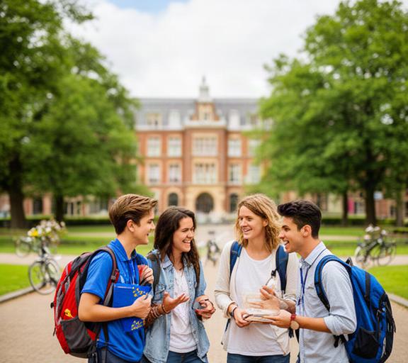 Grupo de estudiantes con mochilas conversando frente a un campus universitario europeo