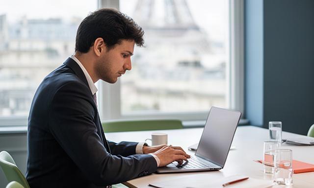 Profesional trabajando con un portátil en una sala de reuniones de París