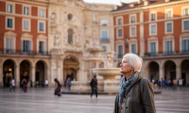 Viajera sénior visitando una plaza histórica durante un circuito cultural europeo