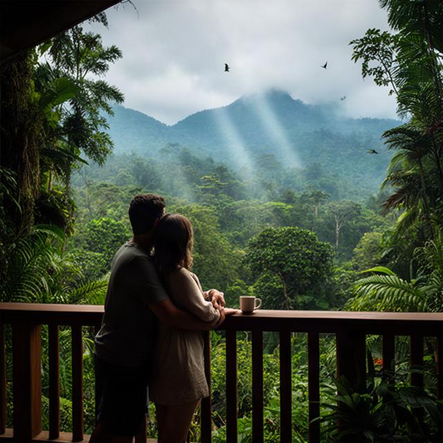 Pareja observando un bosque tropical de Costa Rica desde una terraza