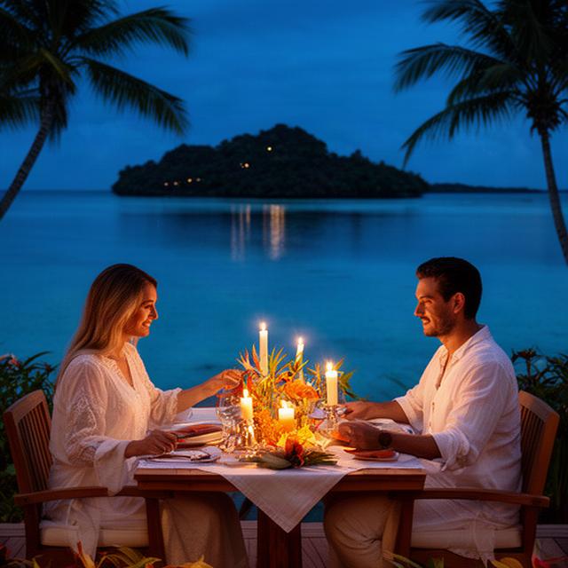 Pareja compartiendo una cena al aire libre frente a una laguna de la Polinesia