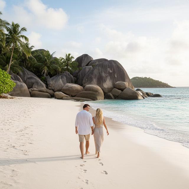 Pareja caminando por una playa de arena blanca en las Seychelles
