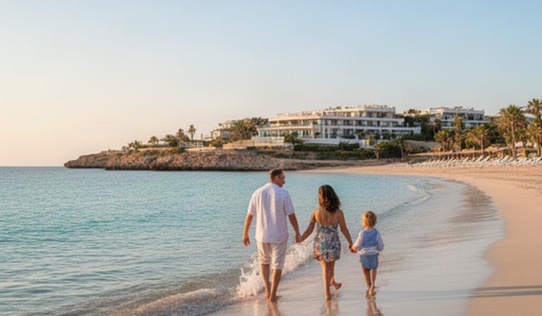 Padres y niños caminan por una playa tranquila de Mallorca cerca de un hotel con animación