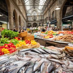 Puestos de pescado y verduras frescas en el mercado de La Ribera de Bilbao