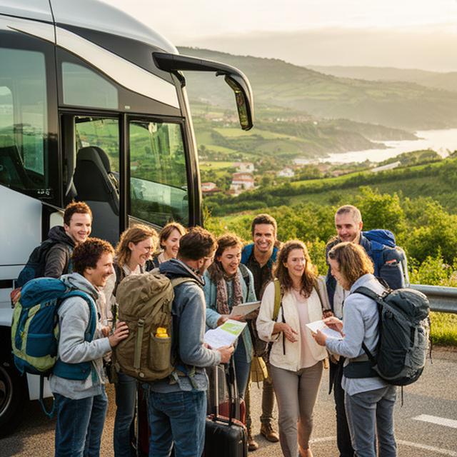Grupo de viajeros con mochilas junto a un autocar en una excursión organizada desde el País Vasco