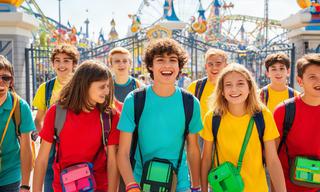 Jóvenes de un grupo organizado entrando en PortAventura con sus pulseras de acceso