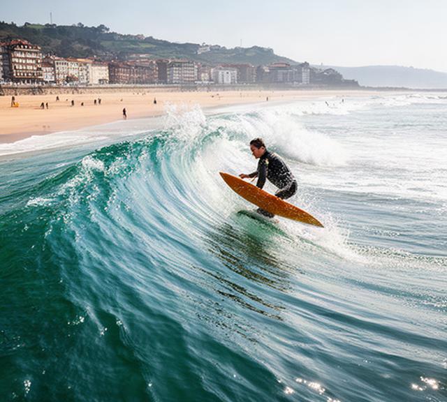 Surfista tomando una ola larga frente a la playa de Zarautz en la costa vasca