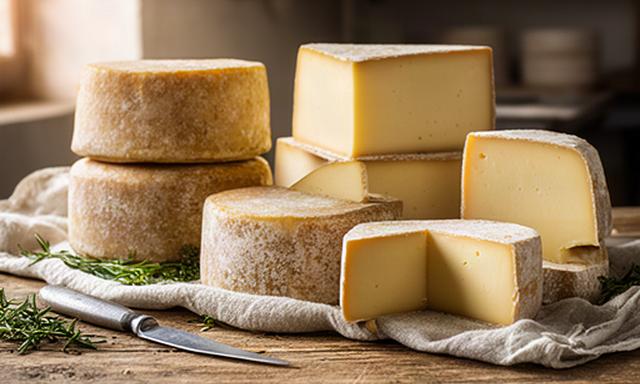 Quesería artesana de Navarra con piezas de queso sobre una mesa de madera