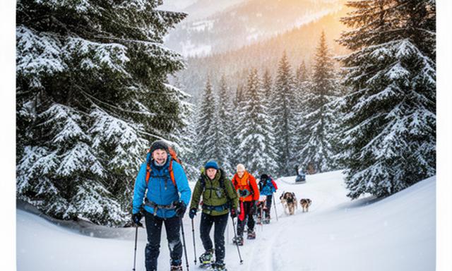 Grupo caminando con raquetas de nieve entre abetos nevados en los Pirineos