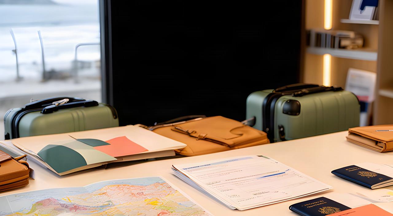 Mostrador de agencia de viajes en Hendaya con mapas, pasaportes y maletas preparados para una reserva