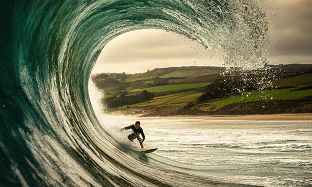 Ola izquierda de Mundaka formando un tubo junto a la ría de Urdaibai