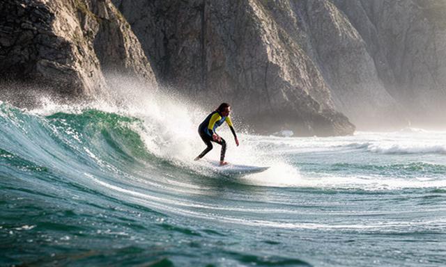Surfista remontando una ola en Sopelana con los acantilados de Bizkaia