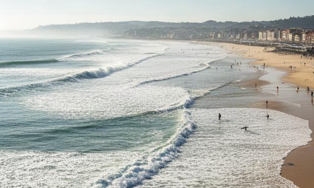 Olas de surf rompiendo en la extensa playa de Zarautz durante una mañana luminosa