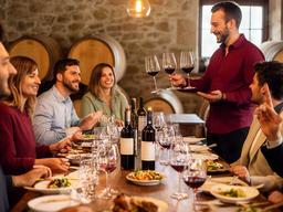 Equipo de empresa participando en una cata de vinos con cena en una bodega vasca
