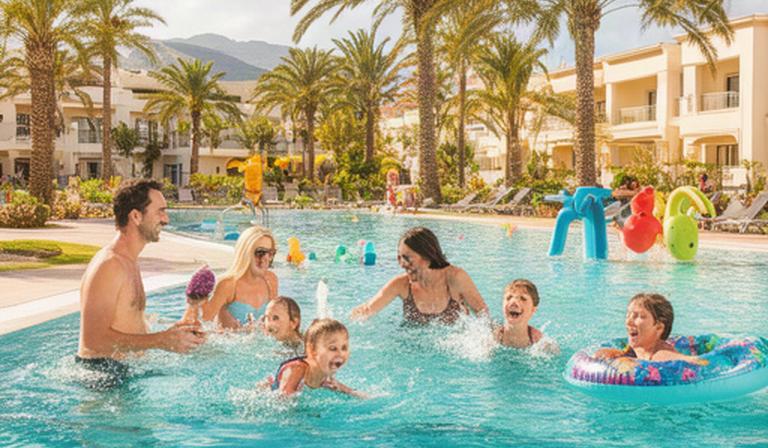 Familia juega en la piscina de un hotel de Tenerife con zona infantil y palmeras