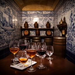 Cata de vino de Oporto en una bodega histórica con azulejos portugueses