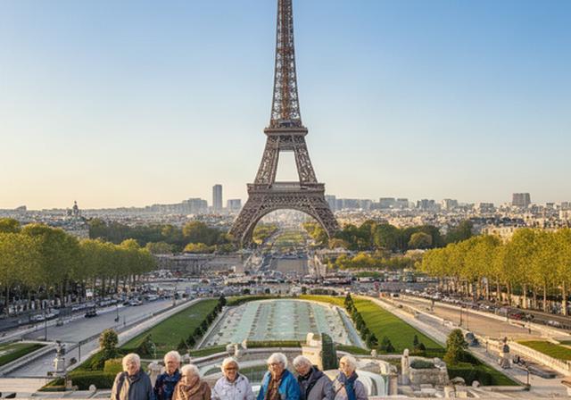 Vista de París con la Torre Eiffel en un recorrido cultural para personas sénior