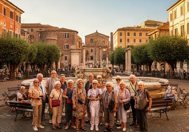 Plaza romana con monumentos clásicos visitada por un grupo sénior acompañado