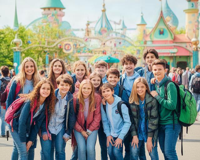 Grupo de estudiantes con mochilas frente a Disneyland París durante una excursión escolar
